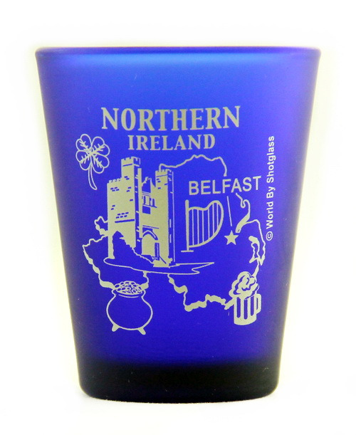 NORTHERN IRELAND BELFAST COBALT BLUE FROSTED SHOT GLASS SHOTGLASS