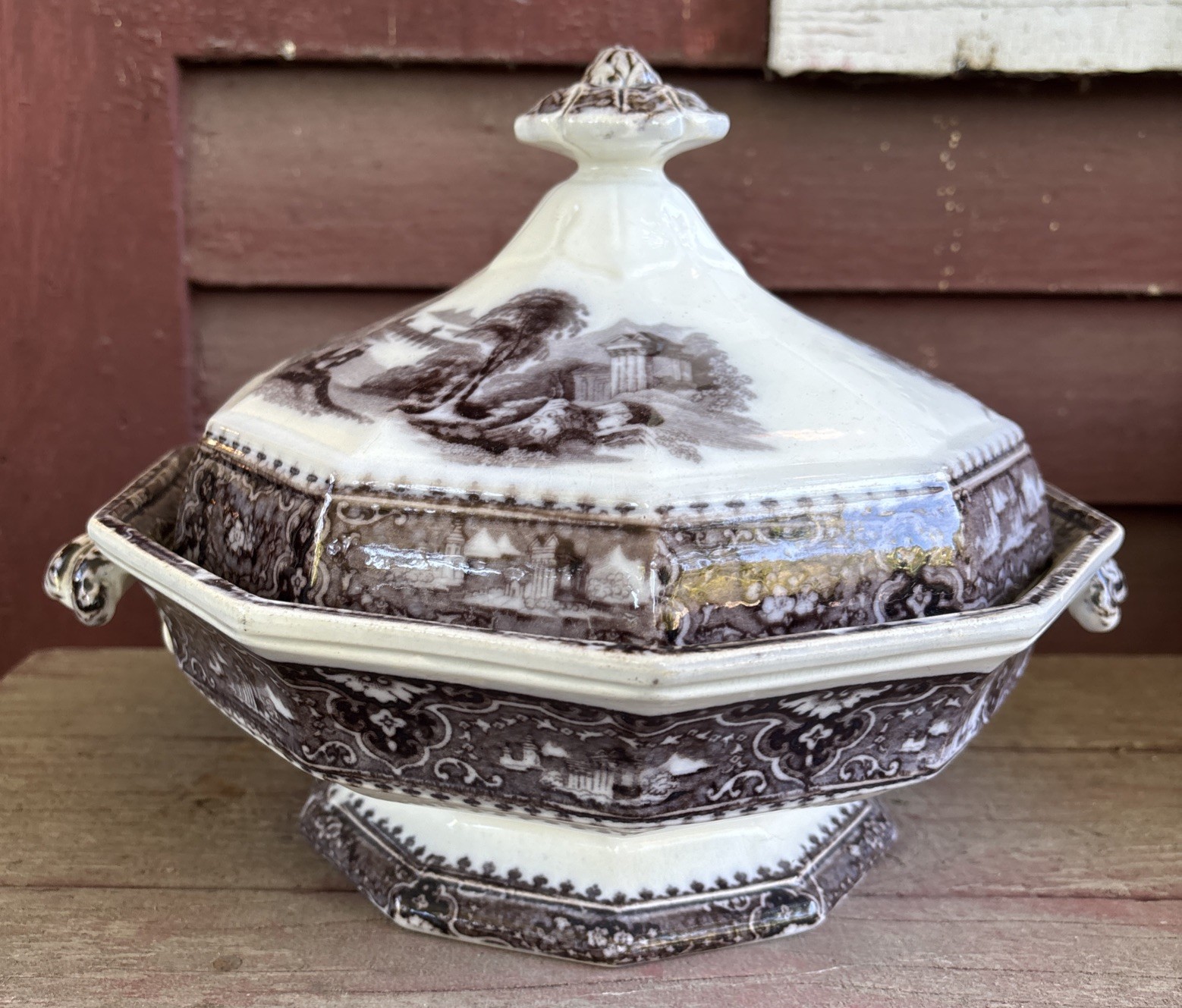 Antique John Alcock Vincennes Mulberry Transferware Covered Tureen