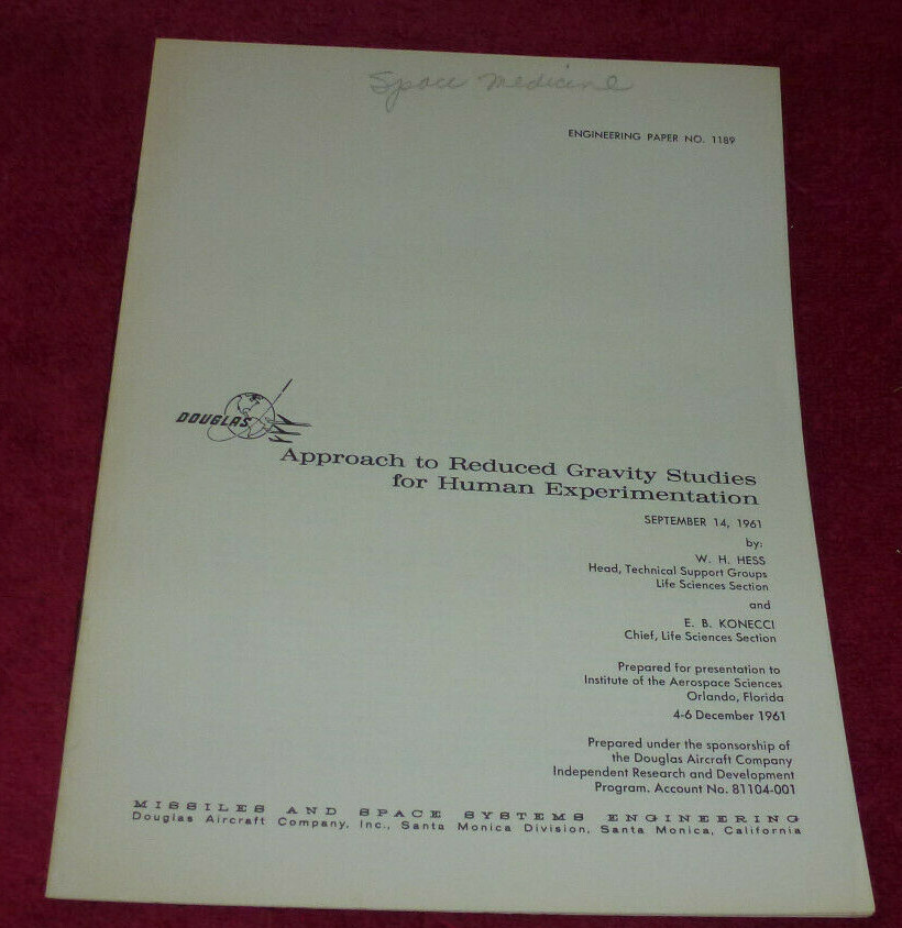 1961 Douglas Approach Reduced Gravity Studies Human Experimentation Booklet 