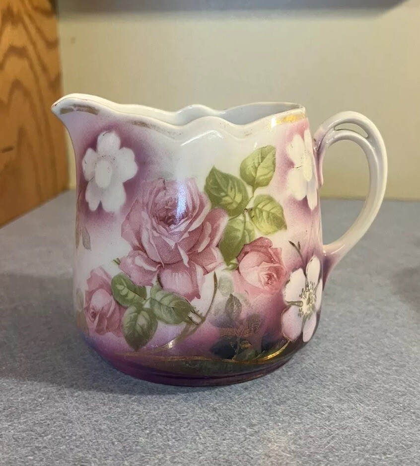 Antique LEUCHTENBURG GERMANY Creamer Pitcher hand painted Purple Floral Pattern