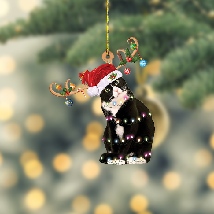 Tuxedo Cat Merry Christmas Ornament, Tuxedo Cat Reindeer Xmas Ornament