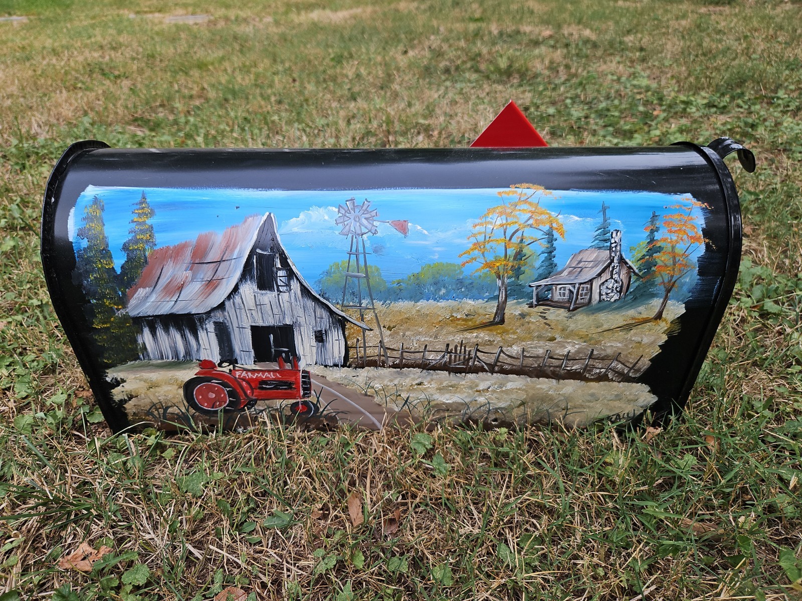 Mailbox with Hand-Painted Farm Scene on One Side and a Tractor on the Other
