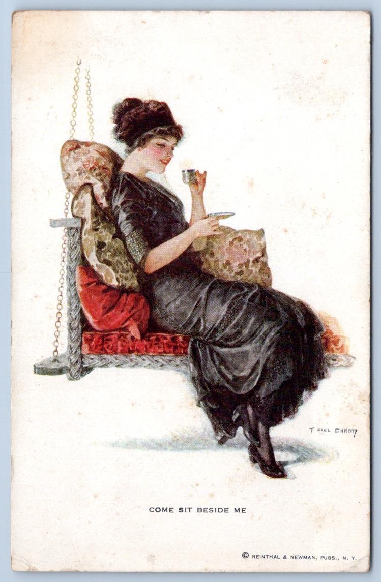 1910s COME SIT BESIDE ME a/s T EARL CHRISTY WOMAN IN WICKER PORCH SWING POSTCARD