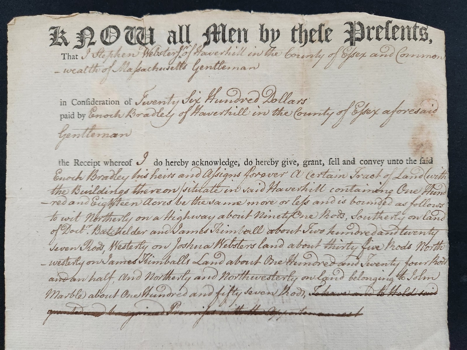 1798 antique LAND DEED essex ma STEPHEN WEBSTER haverhill ENOCH BRADLEY