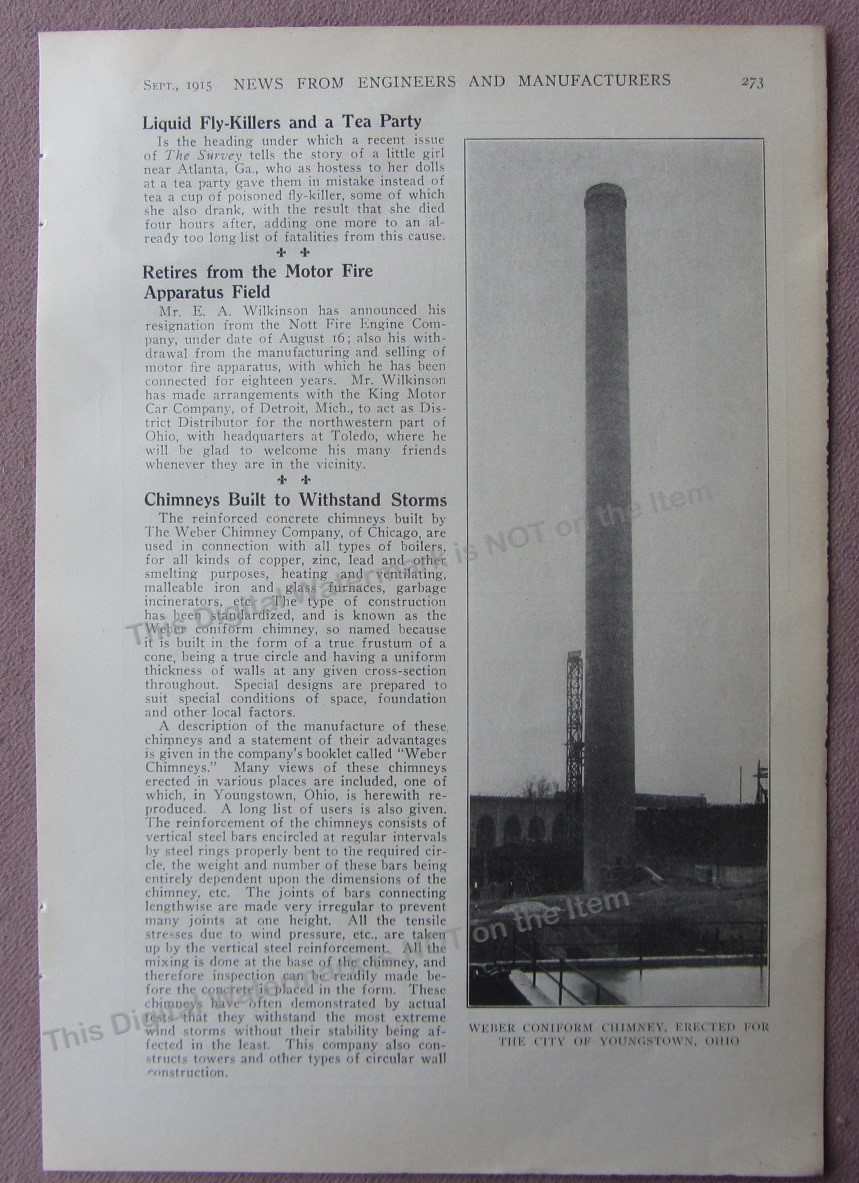 1915 Article* NEW Weber Coniform Chimney Erected for City of Youngstown Ohio