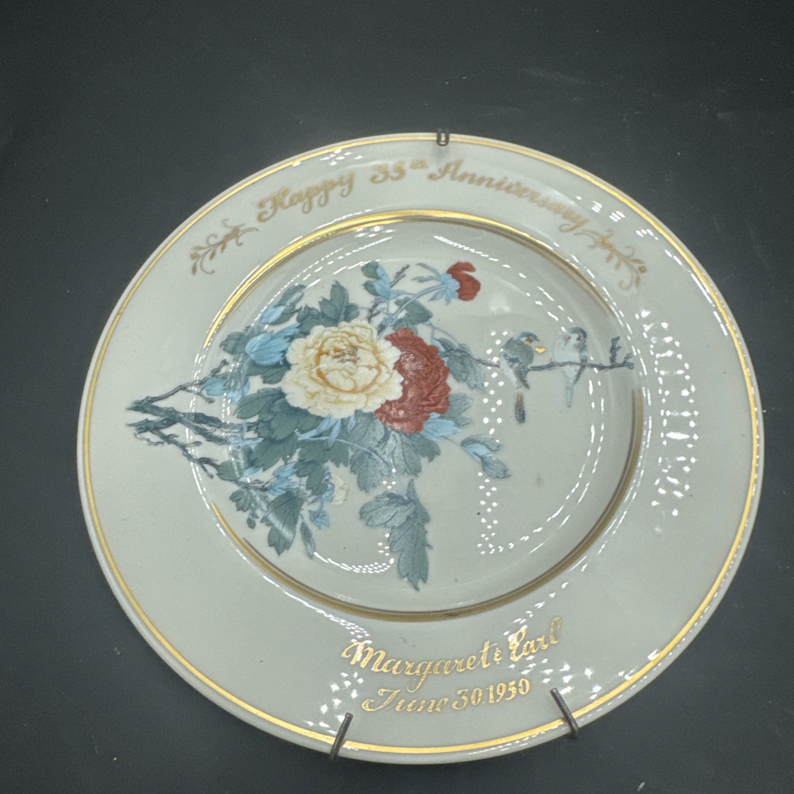 Vintage 1959 Personalized 55th Anniversary Porcelain Plate Floral Gold Trim