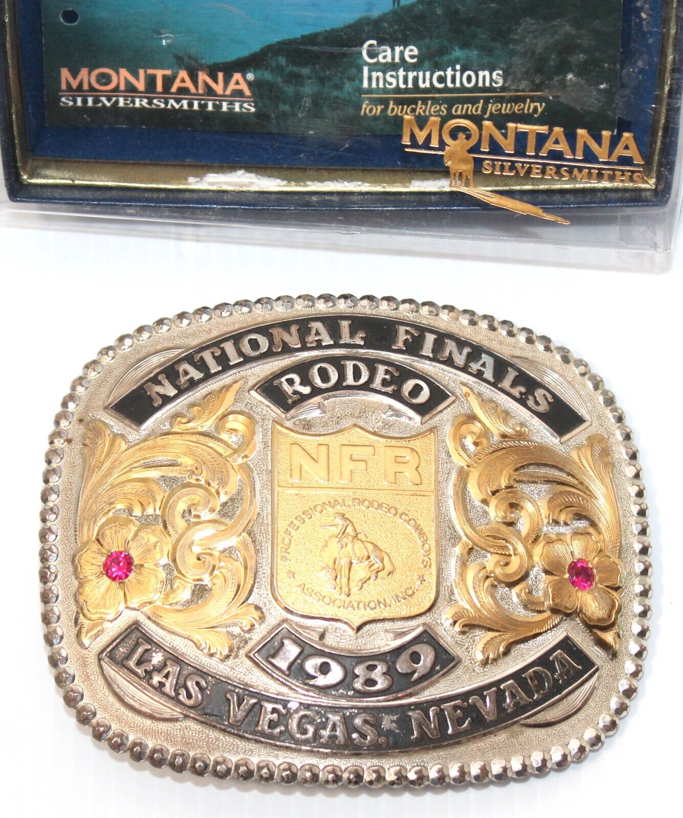 1989 National Finals Rodeo Belt Buckle Gist Sterling Silver Overlay NFR in Box