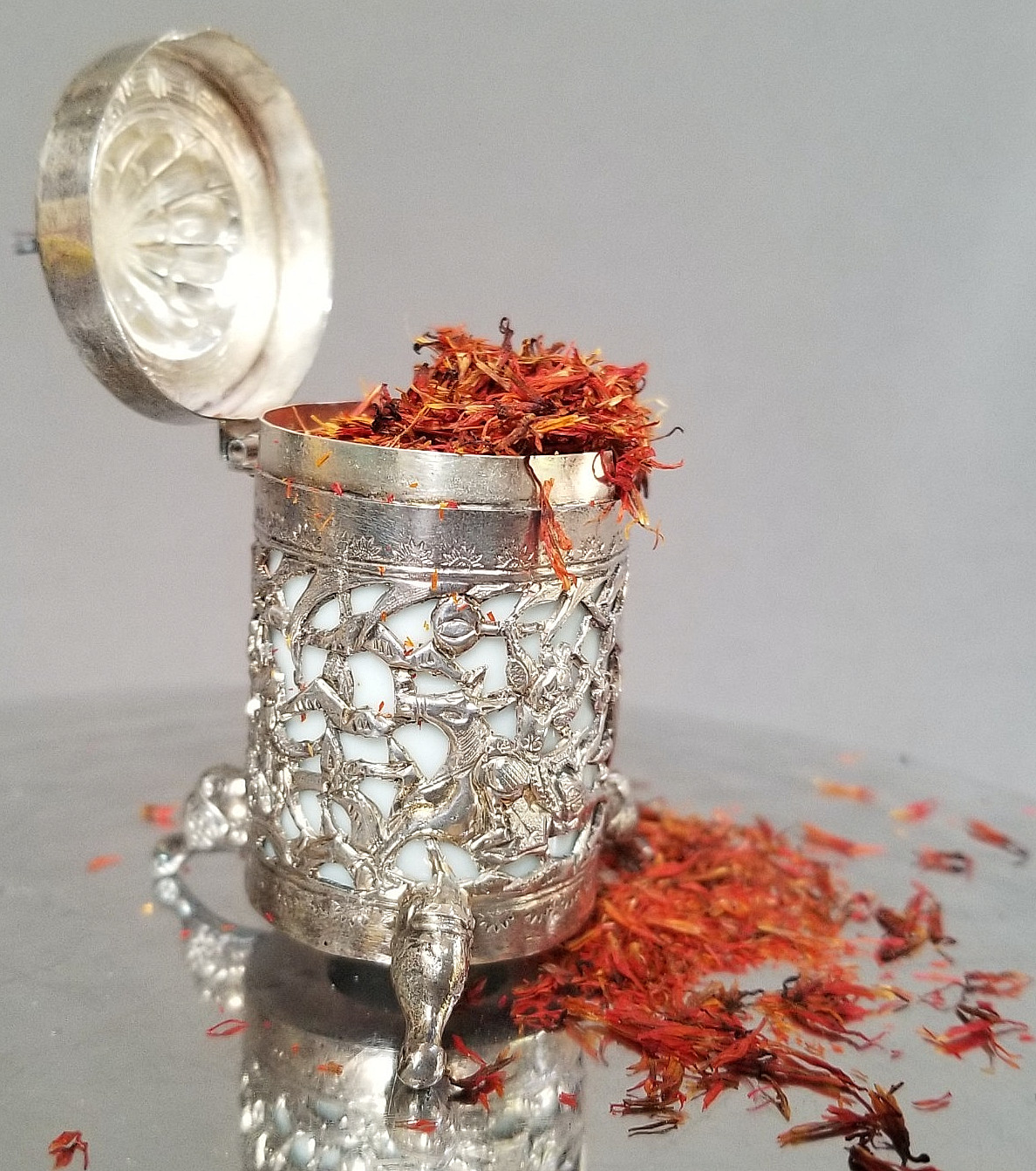 Vintage Anglo Indian Silverplate Figural Condiment Jar Mughal Style w Milk Glass