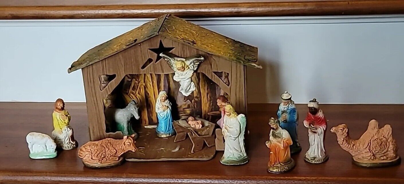 Antique Nativity Christmas Crech Set 15 Pieces Litho Barn Scene Rare Set