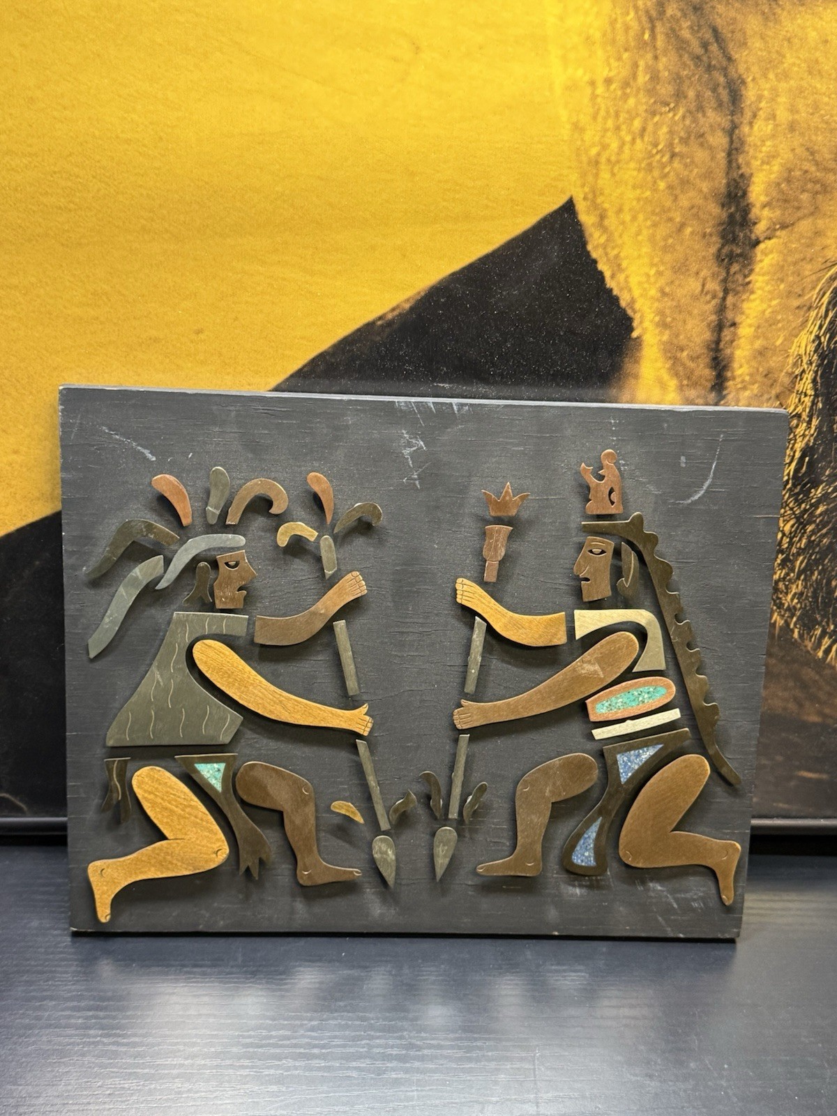 Vintage Mexican Aztec Mayan Mixed Metal Warrior Wall Art Plaque 12x9.5