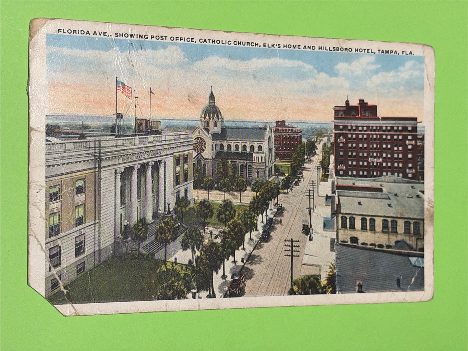 Tampa FL: Florida Ave from Post Office Hillsborough Church 1920s Street Scene Tampa FL: Florida Ave from Post Office Hillsborough Church 1920s Street Scene