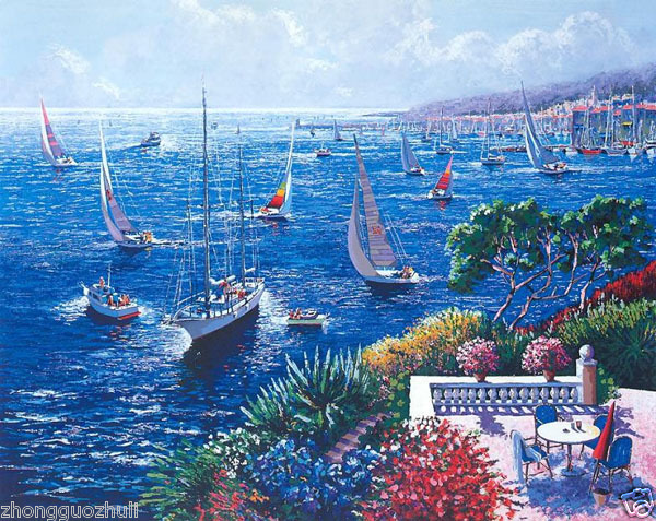 Wonderful Oil painting seascape Mediterranean sea landscape with sail boats
