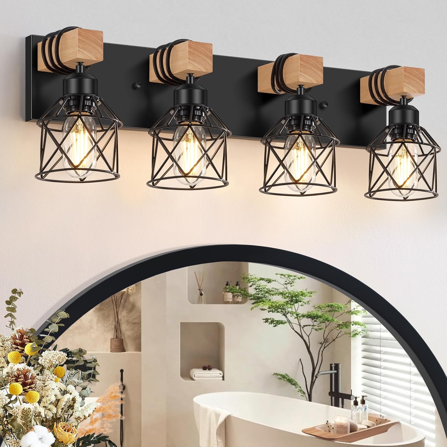 FadimiKoo Four-Light Country Style Wooden Bathroom Dressing Table Lamp