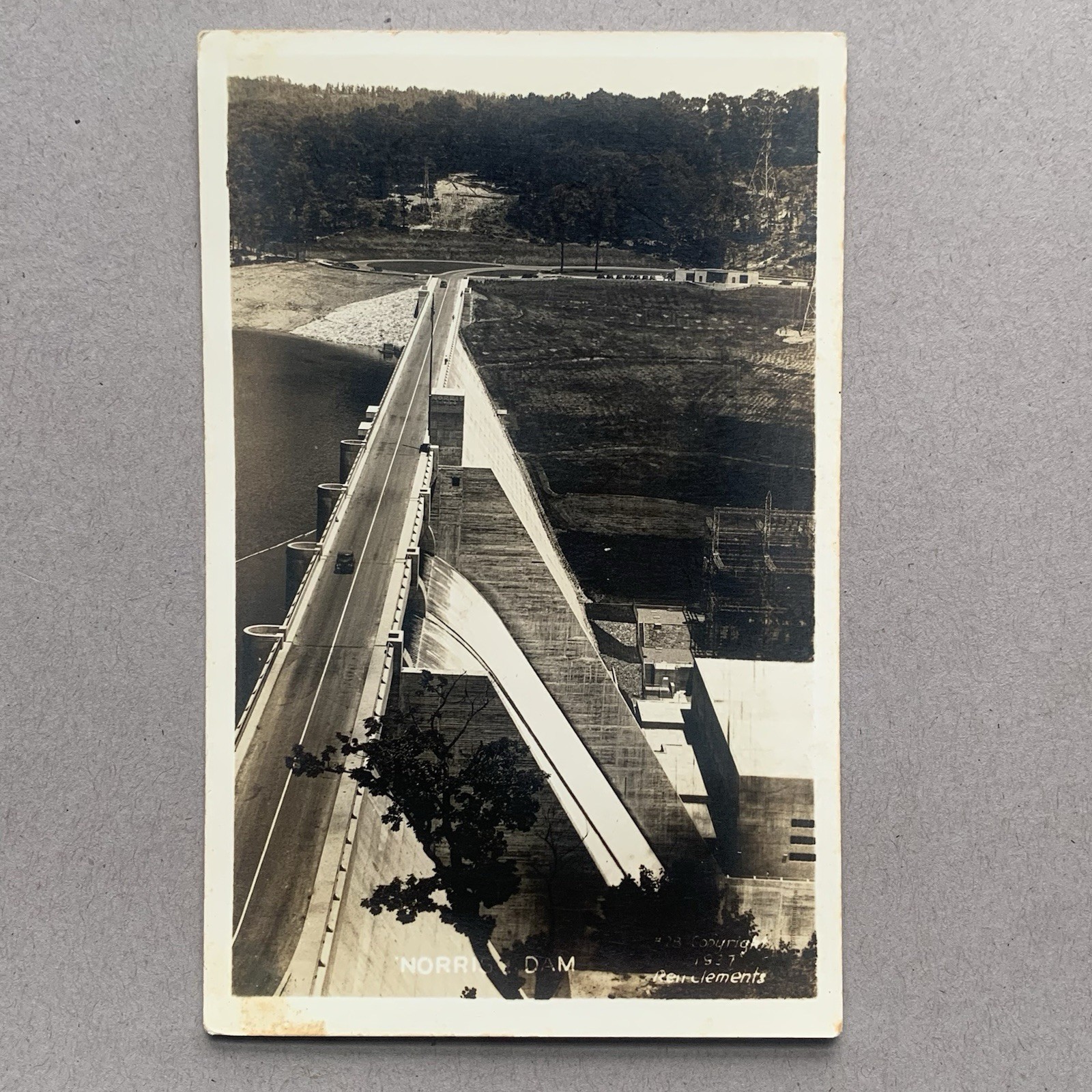 Norris Dam Lake Tennessee TN Aerial Vehicles Road RPPC 1937 Unposted Postcard