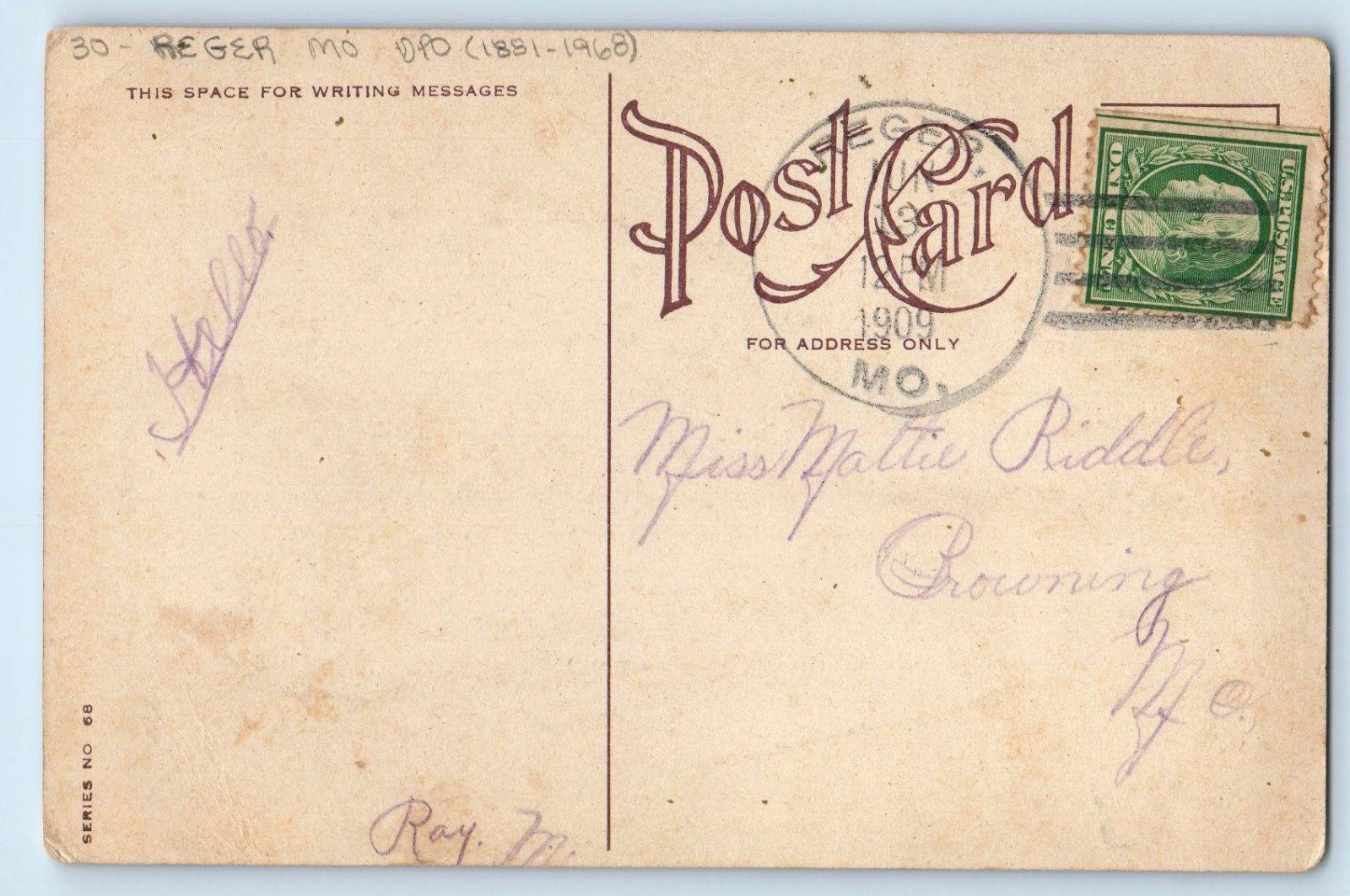 1909 White Little Flowers Reger Missouri MO DPO (1881-1968) Antique Postcard