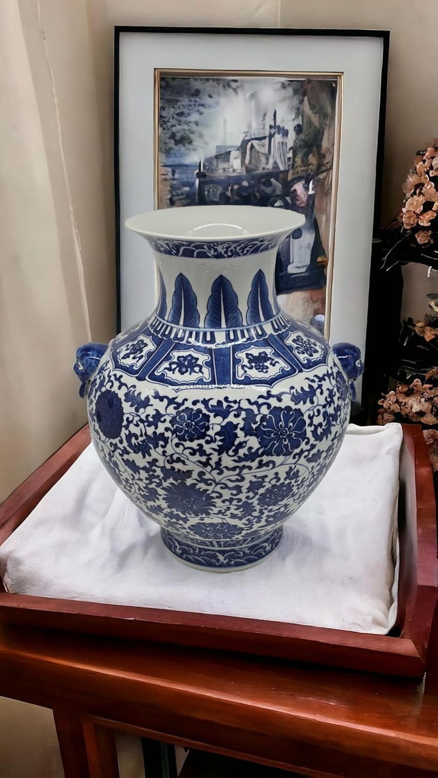 Festcool 16� Classic Blue and White Floral Porcelain Vase, Double Lion Head E...