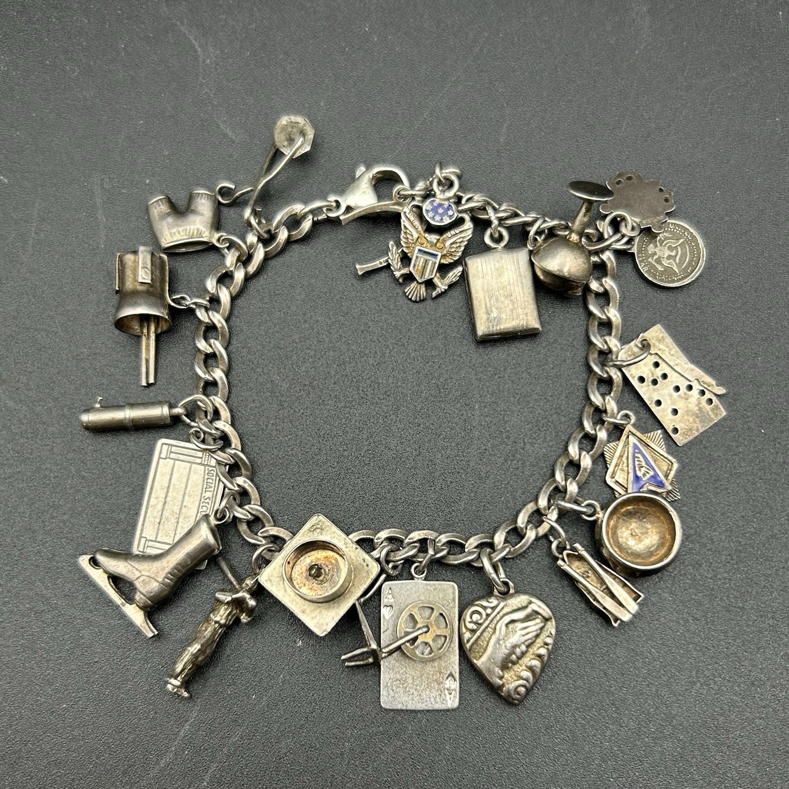 Vintage Sterling Silver Charm Bracelet – 21 Unique Charms, 37 grams, 6.75”