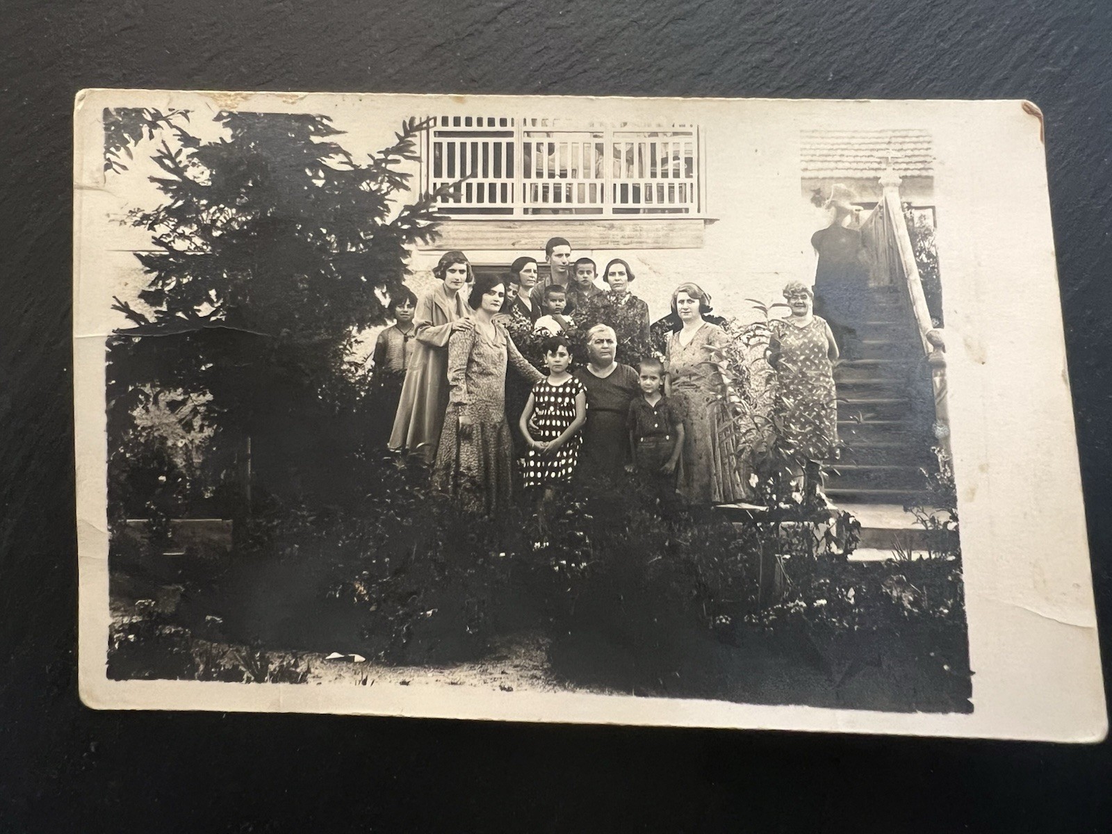 1920s Antique RPPC Postcard Family Garden Group House Stairs 