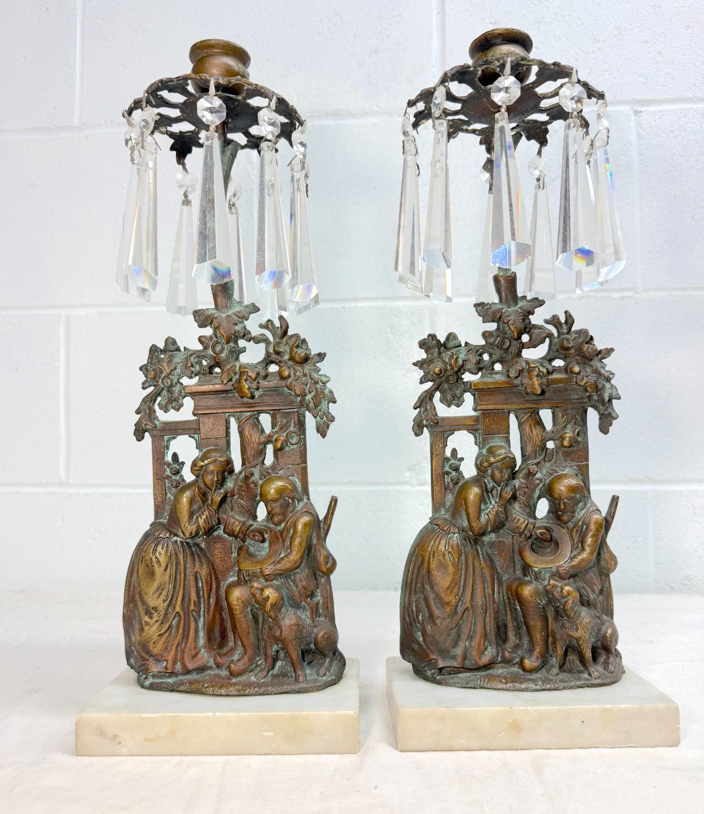 Pair of antique ornate figural bronze marble crystal girandole candle holders Pair of antique ornate figural bronze marble crystal girandole candle holders