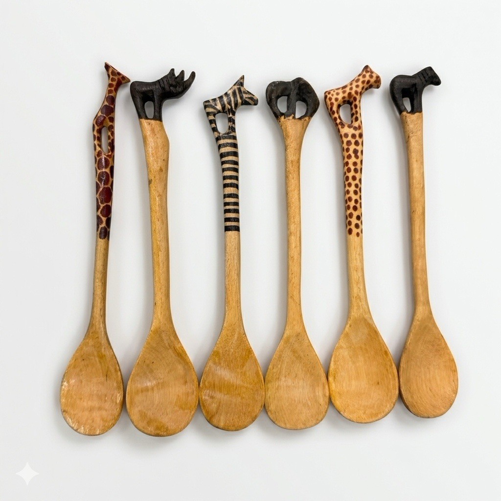 6 Wooden animal Carved Spoons Safari Animals Hand Carved Giraffe Elephant