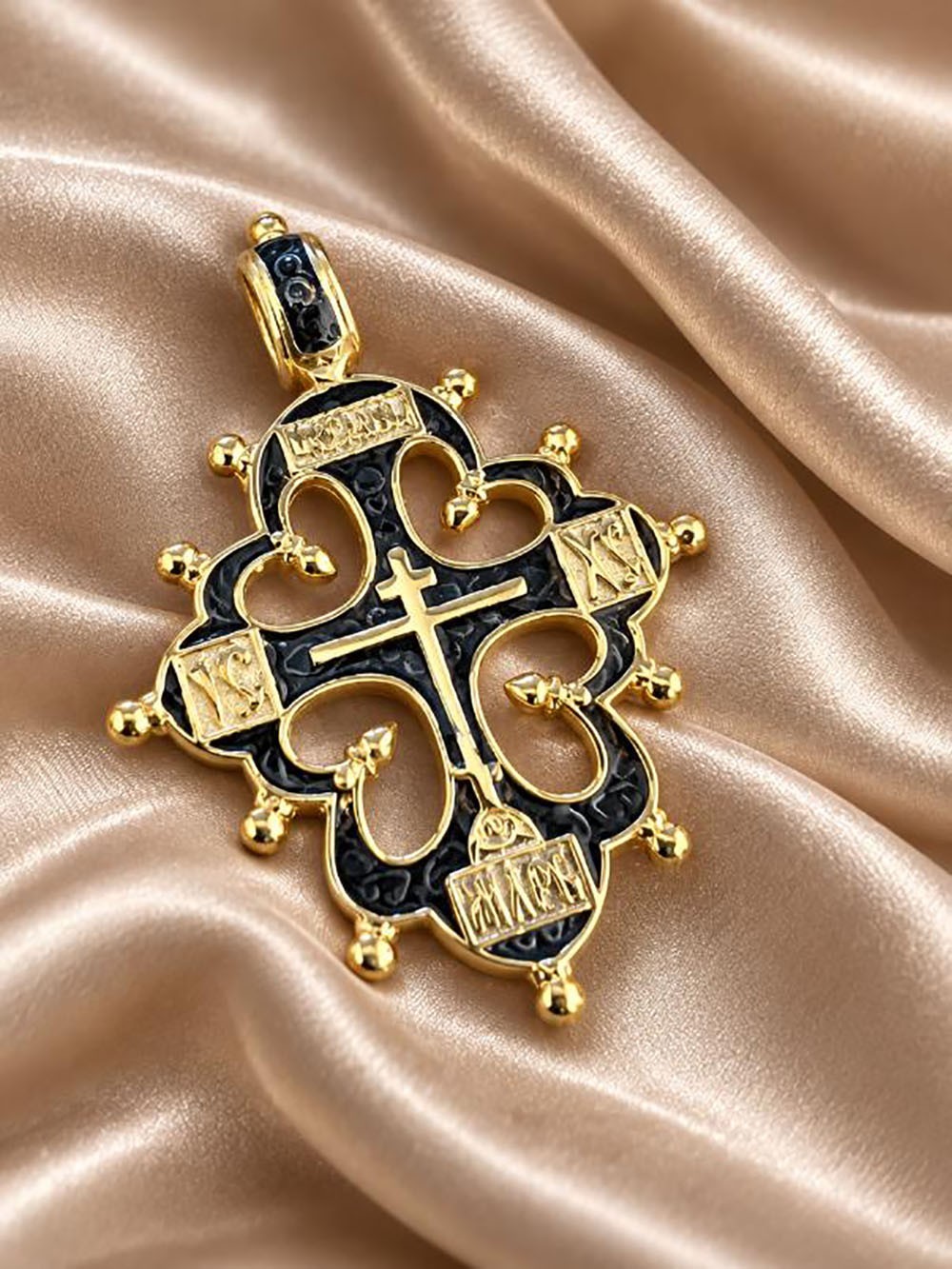Orthodox Three Bar Cross Pendant Gold Tone Black Enamel Christian Jewelry