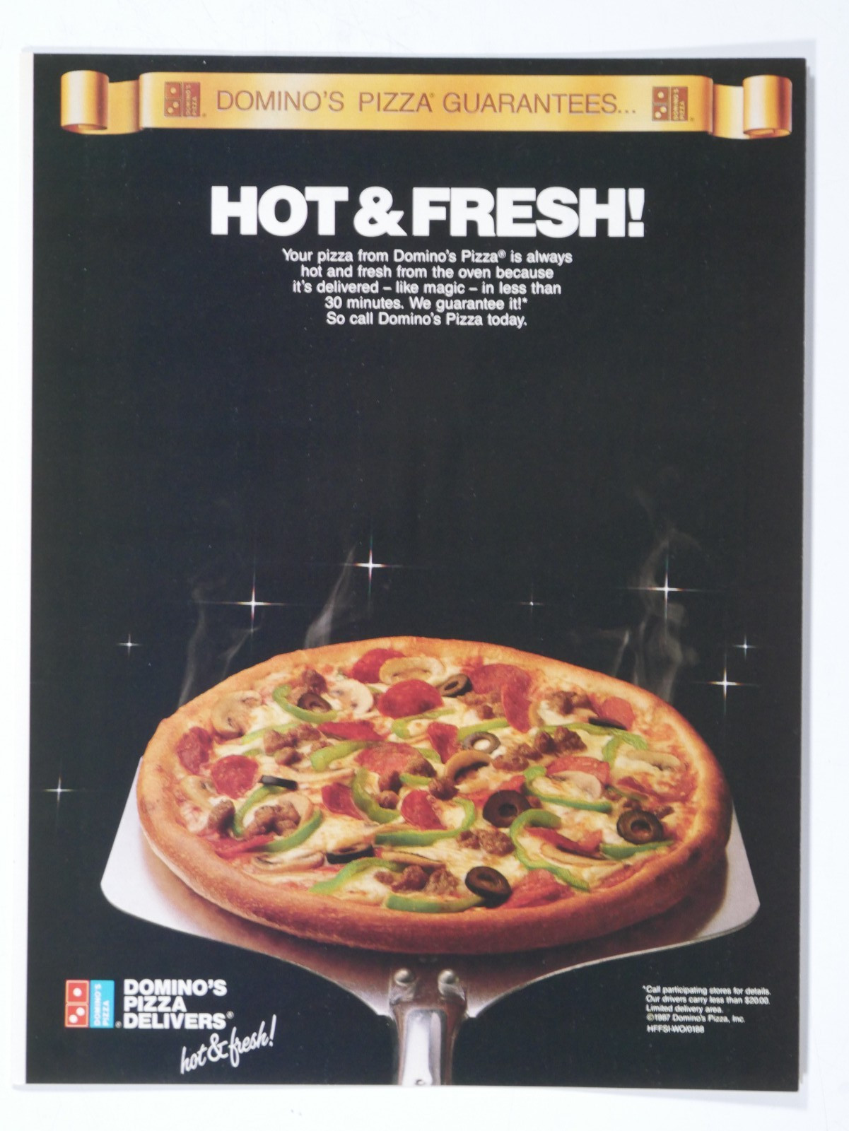 1987 Domino\'s Pizza Hot & Fresh Less Than 30 Minutes Vintage Original Print Ad
