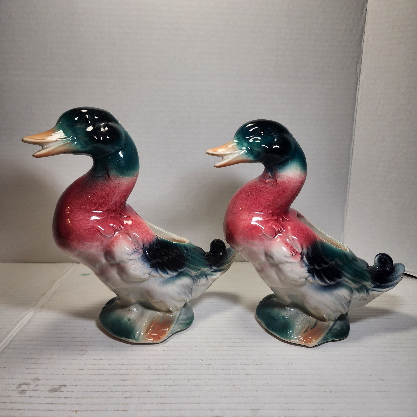 Pair of Vtg - COLORFUL - MALLARD DUCK Planter - Royal Copley or Shawnee - NICE *