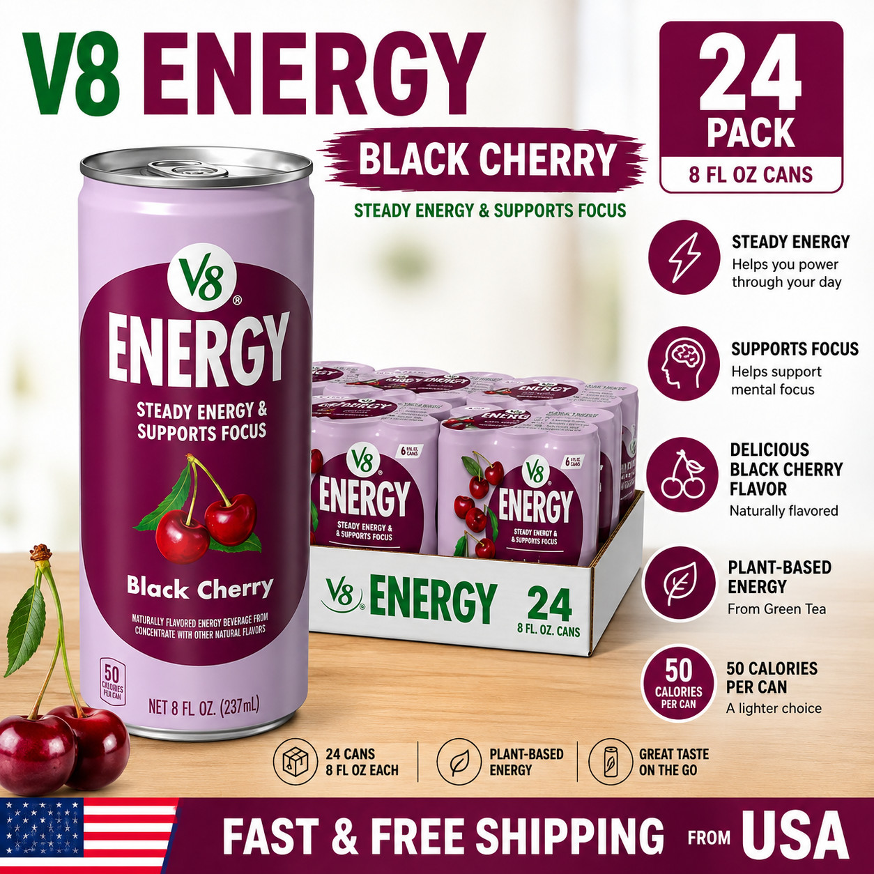 V8 Energy Black Cherry Energy Drink 8 fl oz Cans 24 Pack