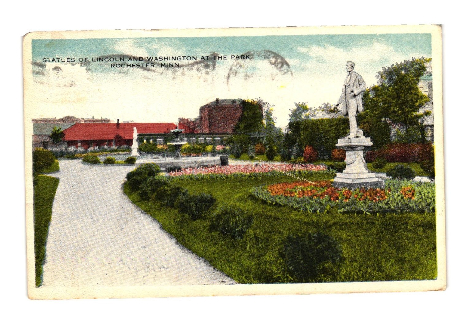 1915 Rochester MN Park Lincoln & Washington Statues Commercialchrom Postcard 1915 Rochester MN Park Lincoln & Washington Statues Commercialchrom Postcard