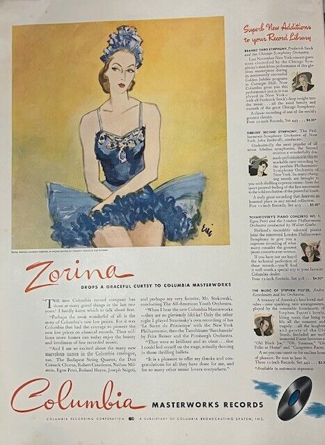 1941 Original Vintage Columbia Records Music Vinyl Ballerina Zorina AD