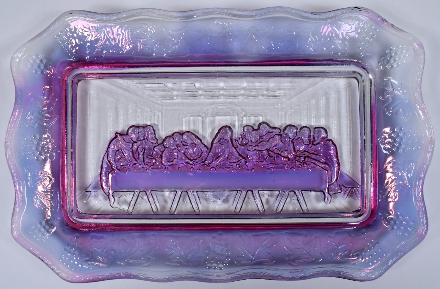 Vtg THE LAST SUPPER Pink & Purple Clear Carnival Glass Bread Dish Tray Jesus