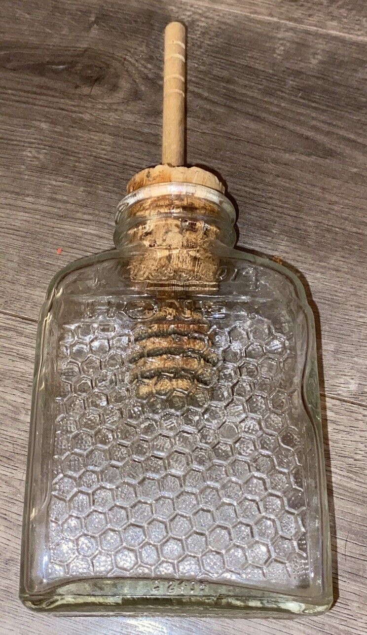 Glass Lake Shore Pure Honey Bee Jar Honeycomb Cork & Honey Dipper  Lid 14 oz Vtg