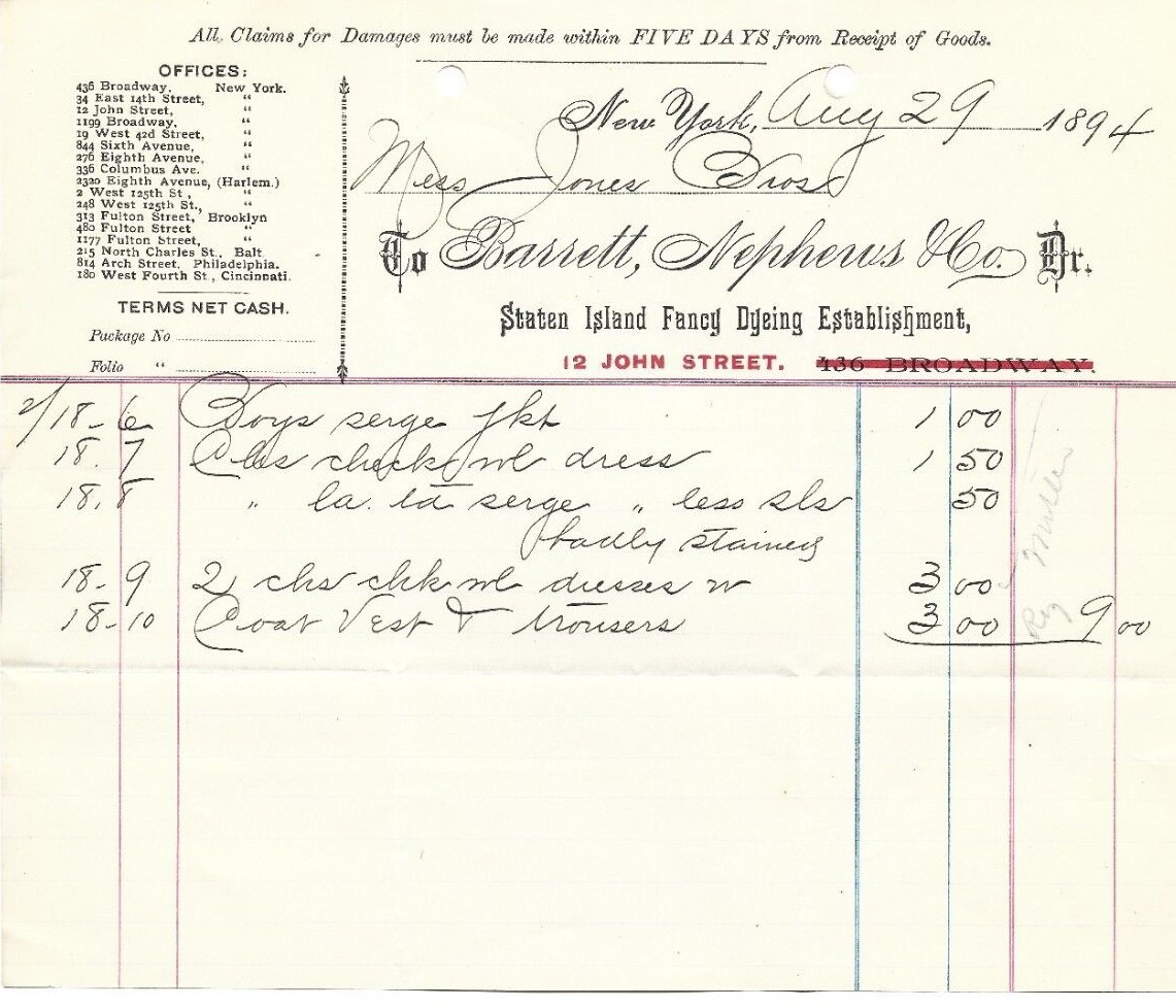 Barrett & Nephews New York NY 1894 Billhead Staten Island Fancy Dyeing