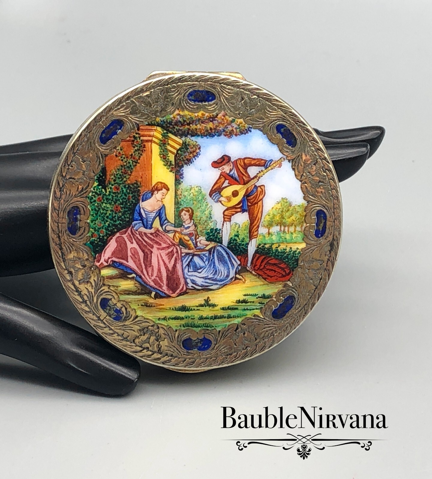 Vintage 800 Sterling & Enamel Italian Compact Gold Gilt Hand Painted Serenade Vintage 800 Sterling & Enamel Italian Compact Gold Gilt Hand Painted Serenade