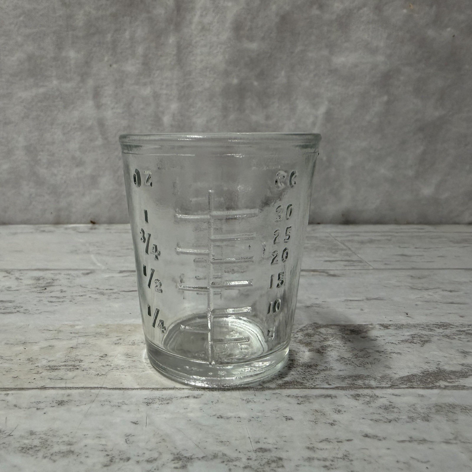 VTG Hazel Atlas Glass 1 OZ Measuring, Embossed Bar Barware Liquid Cook MCM USA