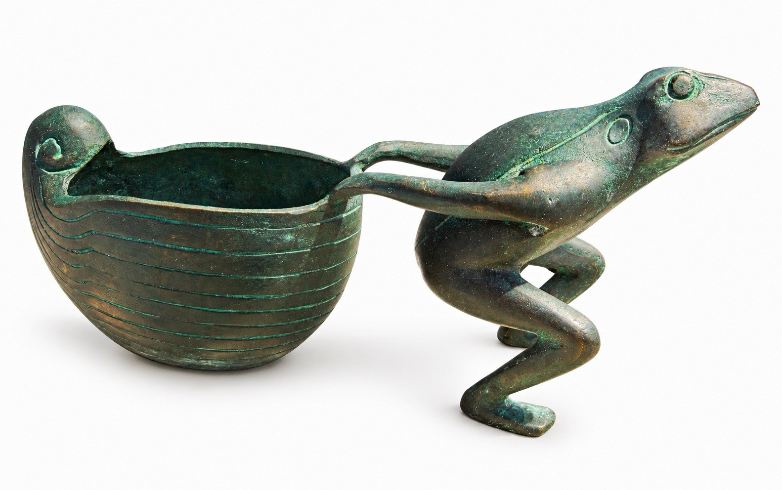 Antique 1920s Solid Bronze Frog Pulling Snail Shell Planter 10” Great Patina