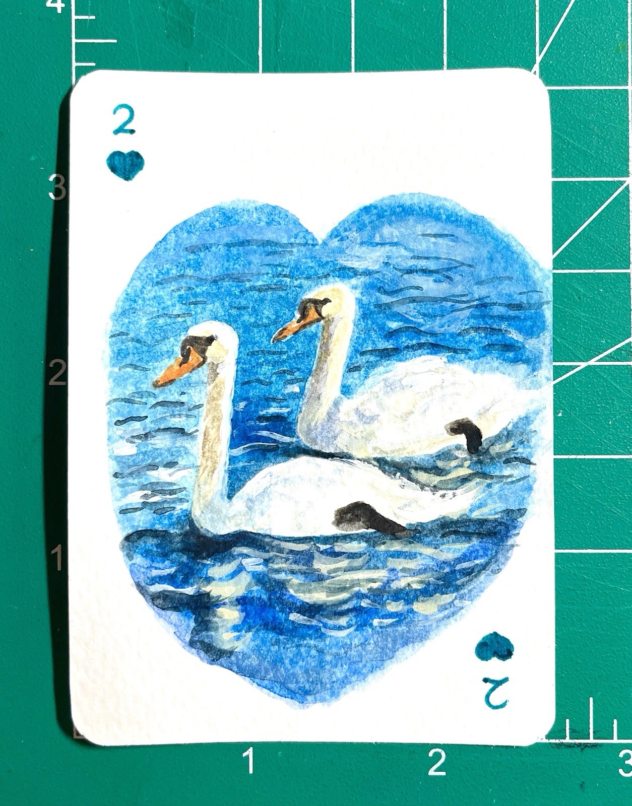 Original ACEO Watercolor Blue Two Of Hearts Swans
