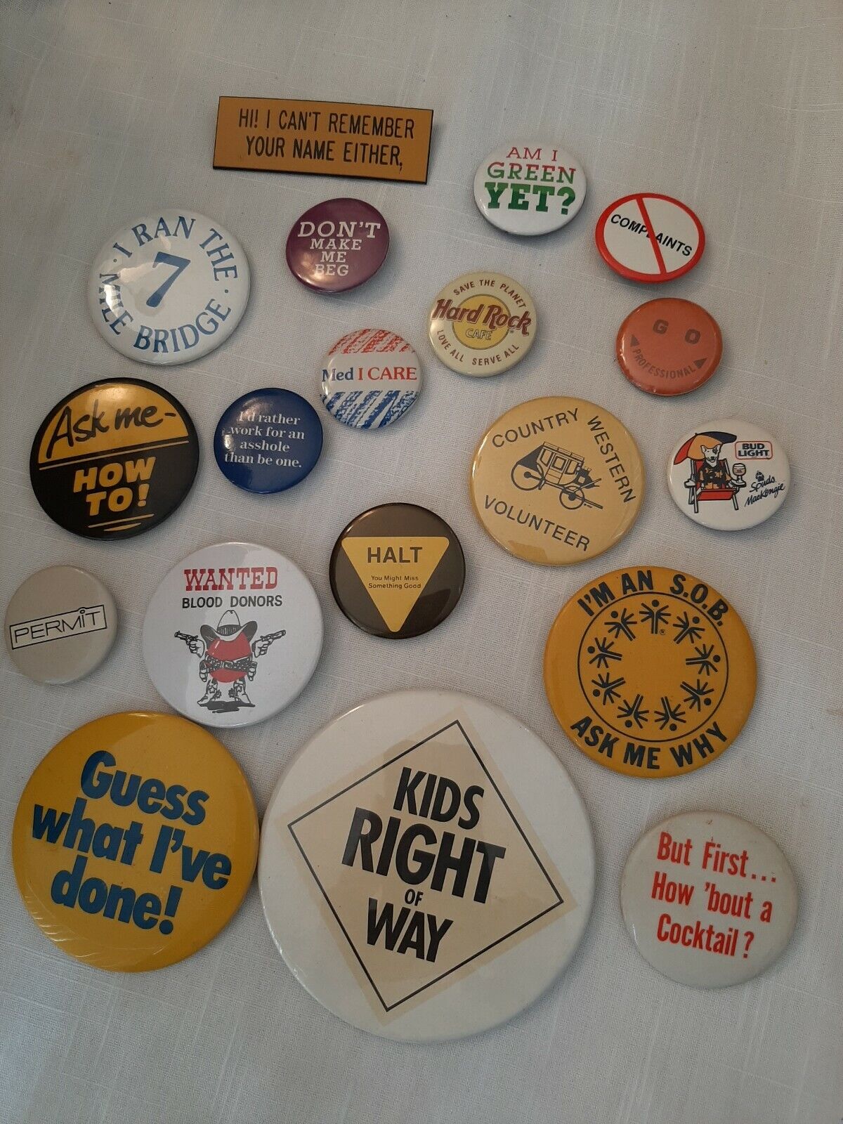 (19)Vintage Pins Buttons includes bud light Hardrock humourous med I care & more