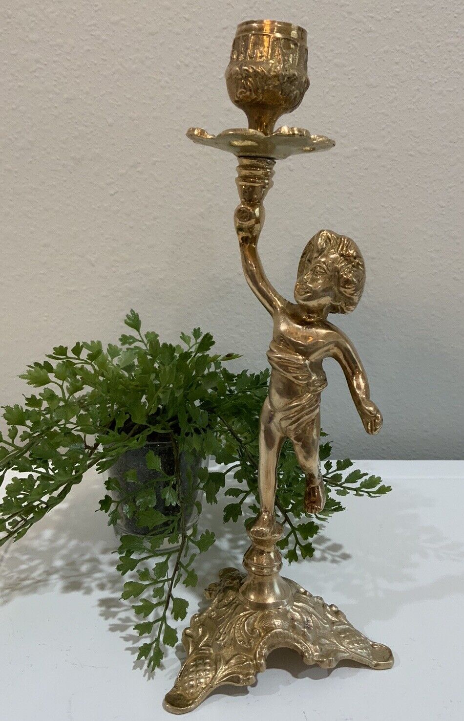 Vtg Ornate Solid Brass Cherub Angel On One Foot Floral Taper Candlestick Holder
