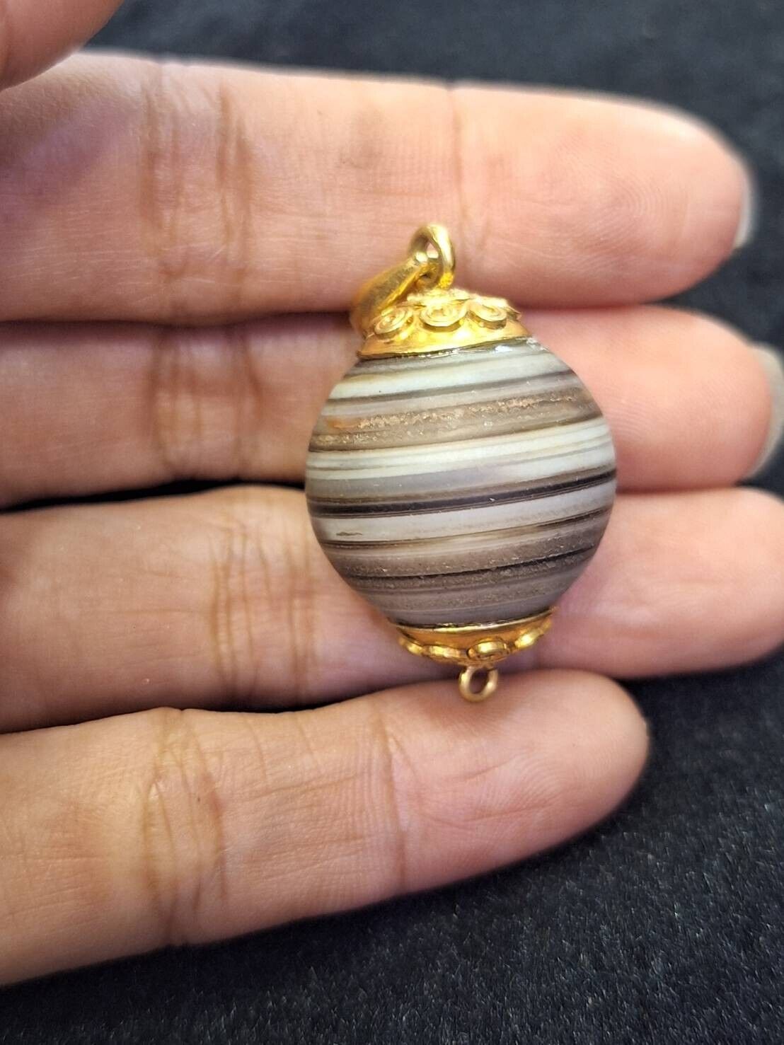 Antique Old Agate Stunning Band  bead  Gold Silver Capped Pendant