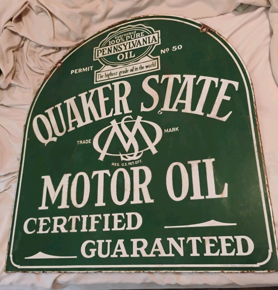 Original 1930s Quaker State Motor Oil Double Sided Porcelain Tombstone Sign 29” Original 1930s Quaker State Motor Oil Double Sided Porcelain Tombstone Sign 29”