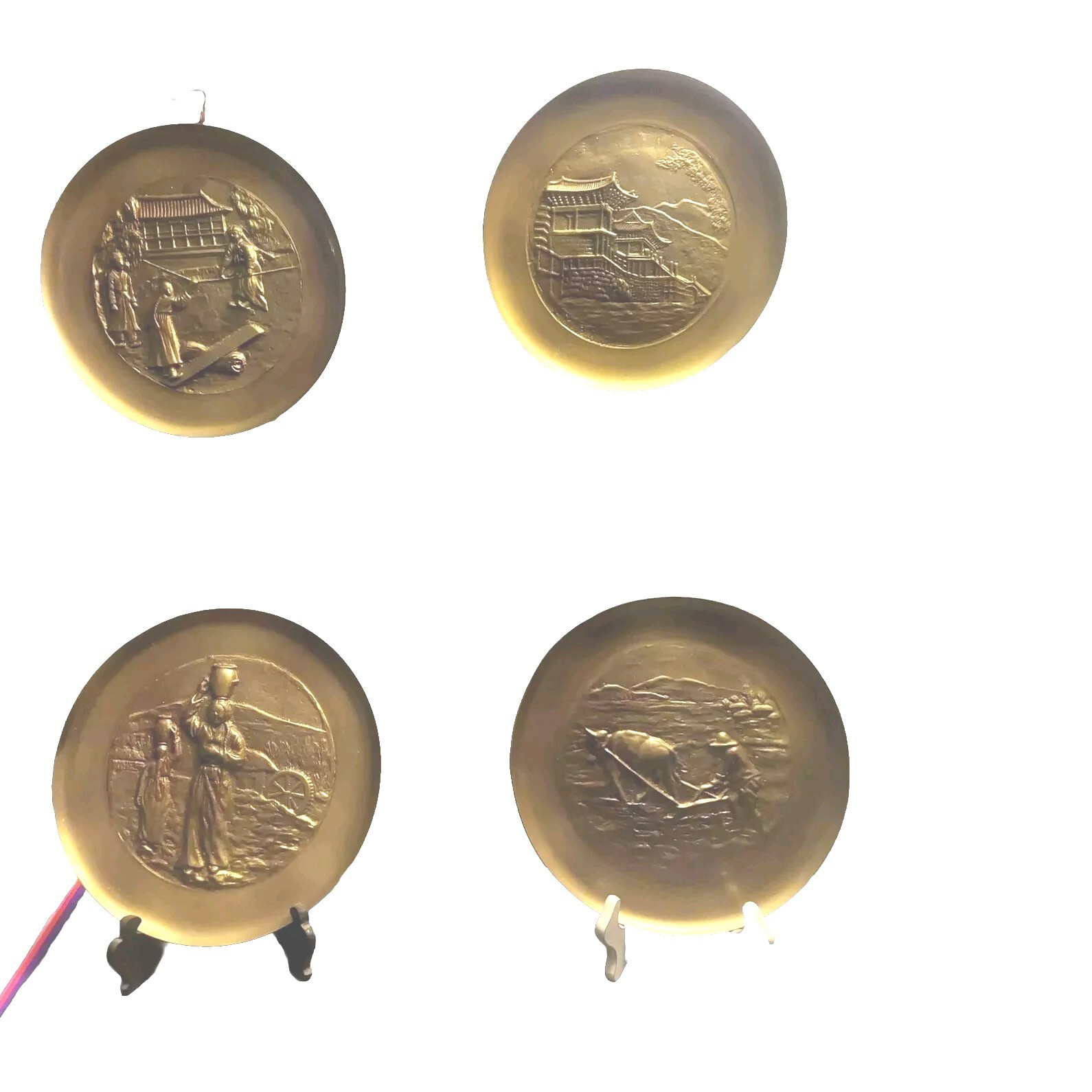 4 pc Vintage Korea Brass Wall Plate With Farmer And Ox Plowing, Plaque W/Village