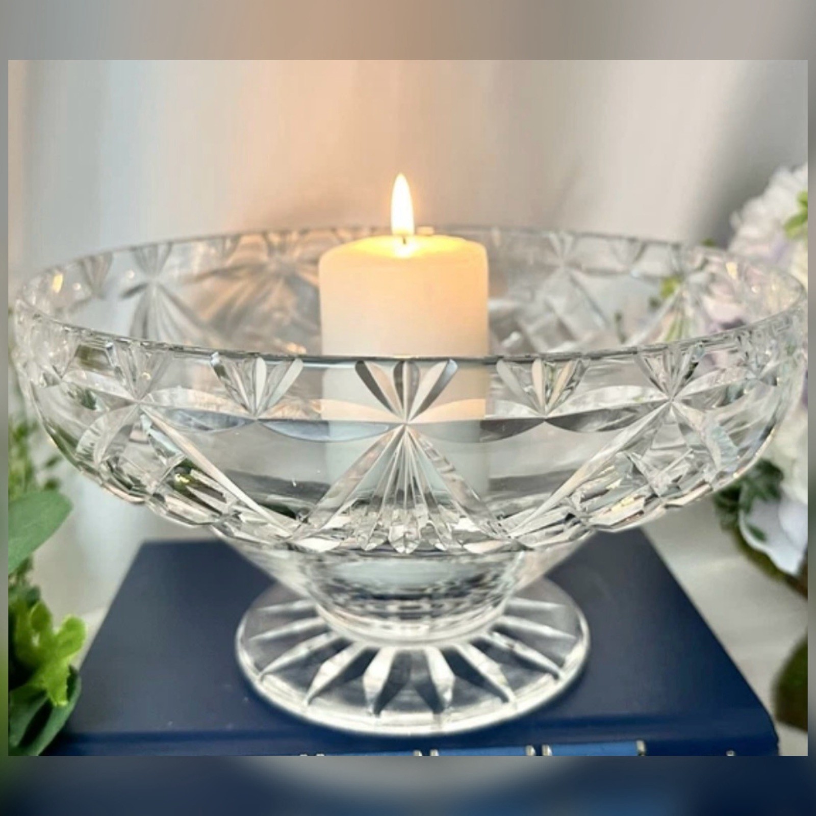 Vintage Cut Crystal Bowl Footed Clear Flower Vase Centerpiece Fruit Bowl