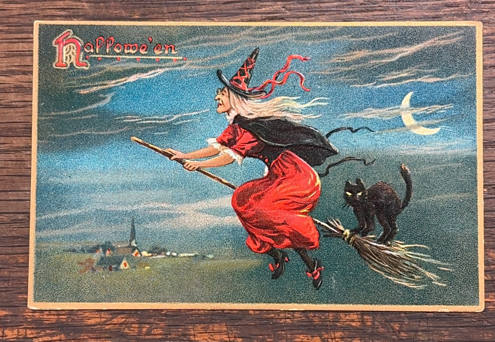 c1910\'s Halloween Witch And Black Cat Broomstick Crescent Moon Tuck Postcard