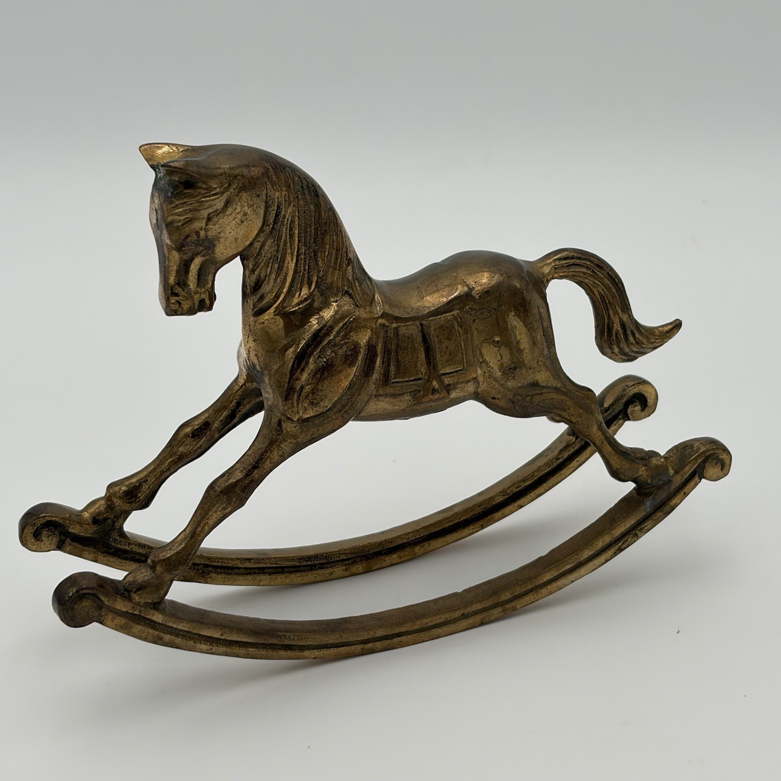 Vintage Seiden Solid Brass Rocking Horse Figure 7.5” X 5.5” Patina Nursery Decor