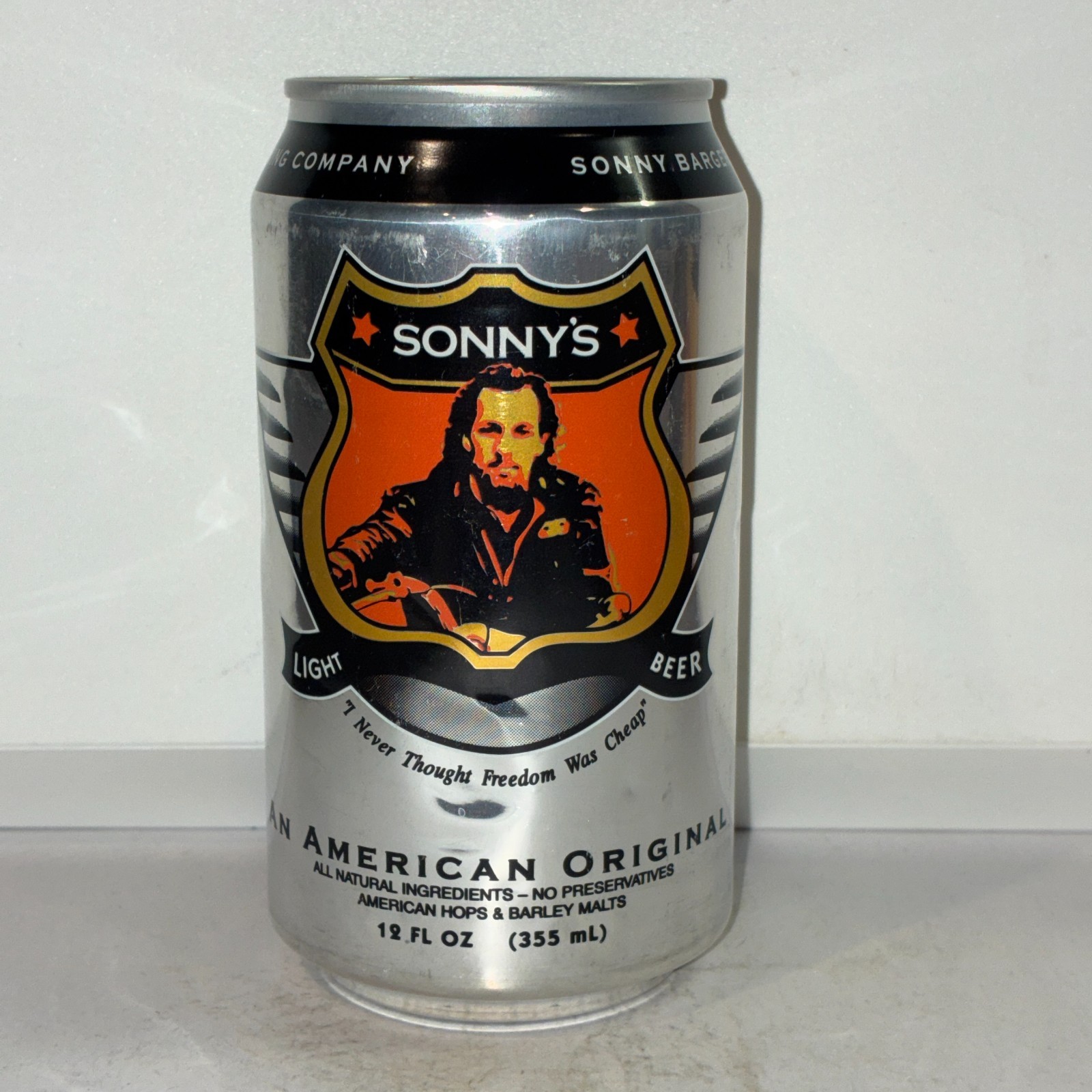 Sonny Barger (Hell's Angels) beer can, bottom opened, motorcycle Harley Davidson