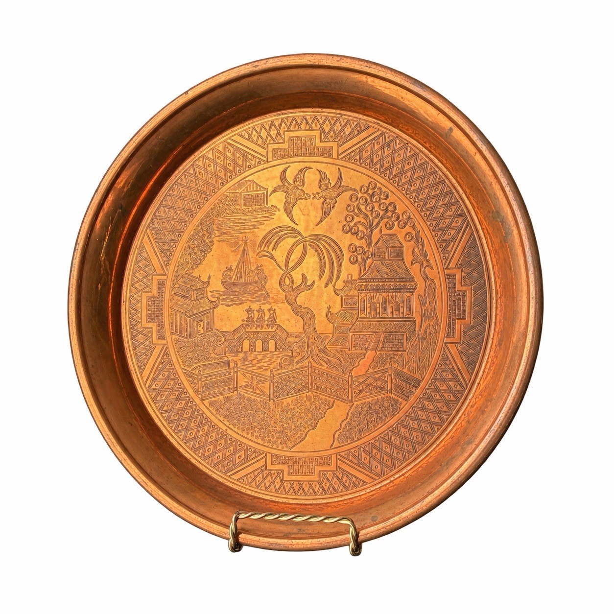 Vintage Etched Copper Tray Made in England Willow Pattern Serving Dish 10 5/8\
