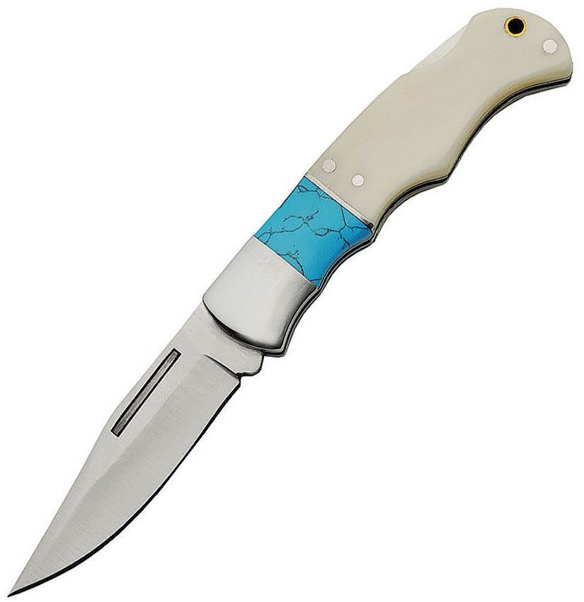 🔥Real Bone Faux Turquoise Handle Lockback Folding Pocket Knife Stainless Blade
