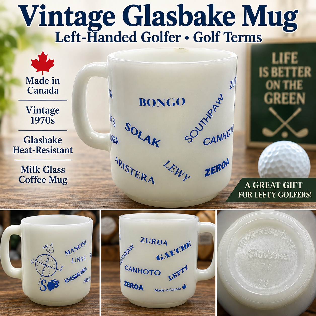 Vintage Glasbake Milk Glass Mug Left Handed Golfer Golf Made in Canada 1970s