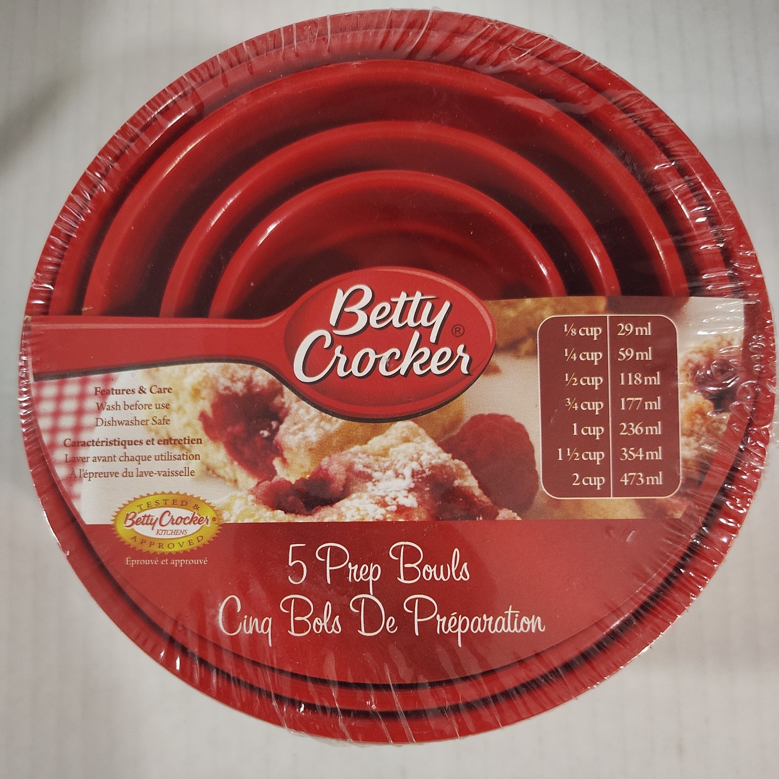 BETTY CROCKER Promo 5 RED Prep Bowls * 1/8  1/4  1/2  3/4  1  1.5  2 cup * RARE